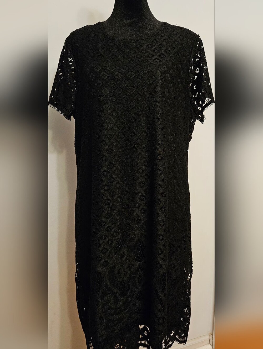 QVC Black Lace Short-Sleeve Swim Cover-Up Dress